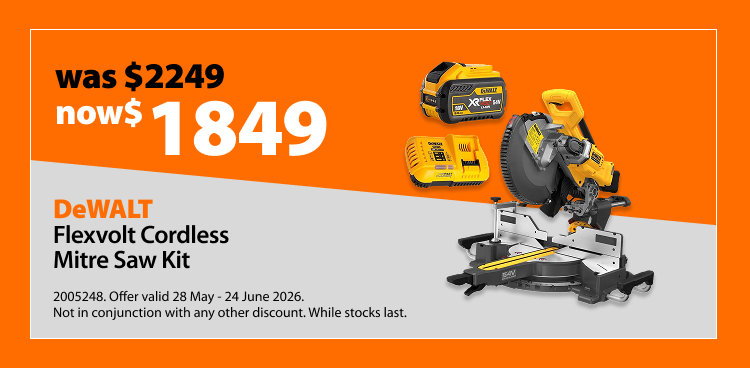 DeWALT Flexvolt Cordless Mitre Saw Kit, was $2249 now $1849. Offer valid 28 May - 24 June 2026. Not in conjunction with any other discount. While stocks last.