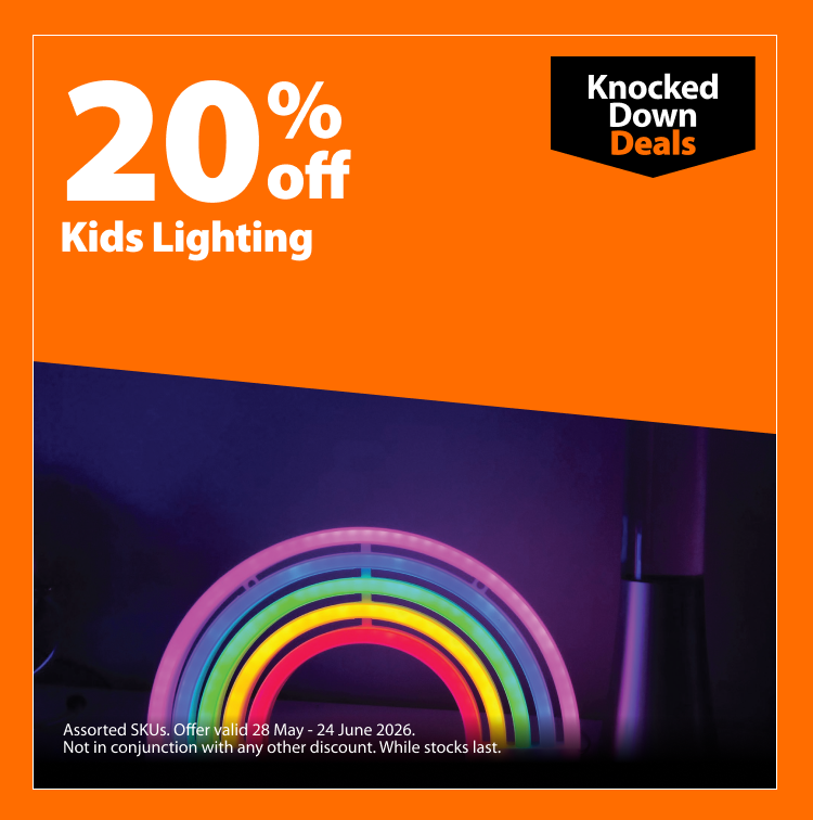 Kids Lighting, 20% off. Knocked Down Deals offer valid 30 April – 27 May 2026. Not in conjunction with any other discount. While stocks last.