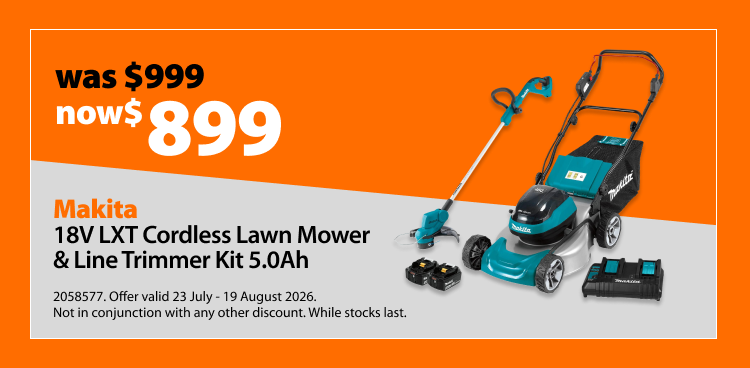 Makita 18V LXT Cordless Lawn Mower & Line Trimmer Kit 5.0Ah, was $999 now $899. Offer valid 23 July - 19 August 2026. Not in conjunction with any other discount. While stocks last.