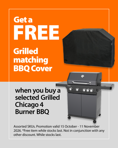 Get a FREE Grilled matching BBQ Cover when you buy a selected Grilled Chicago 4 Burner BBQ. Promotion valid 15 October - 11 November 2026. Assorted SKUs. Free item while stocks last. Not in conjunction with any other discount. While stocks last.