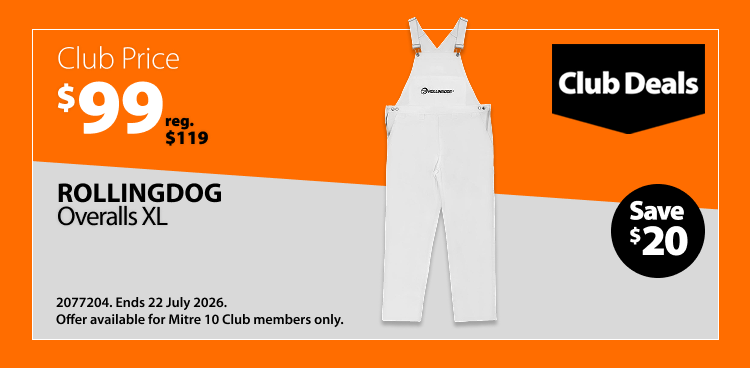 ROLLINGDOG Overalls XL, was $119 now $99, save $20. Club Deals offer valid until 22 July 2026. Offer available for Mitre 10 Club members only.