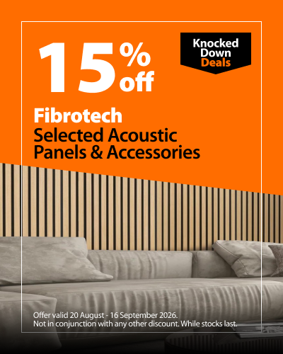 Fibrotech Selected Acoustic Panels & Accessories, 15% off. Offer valid 20 August - 16 September 2026. Not in conjunction with any other discount. While stocks last.