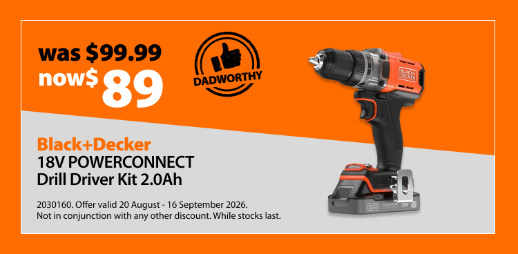 Black+Decker 18V POWERCONNECT Drill Driver Kit 2.0Ah, was $99.99 now $89. Offer valid 20 August - 16 September 2026. Not in conjunction with any other discount. While stocks last.