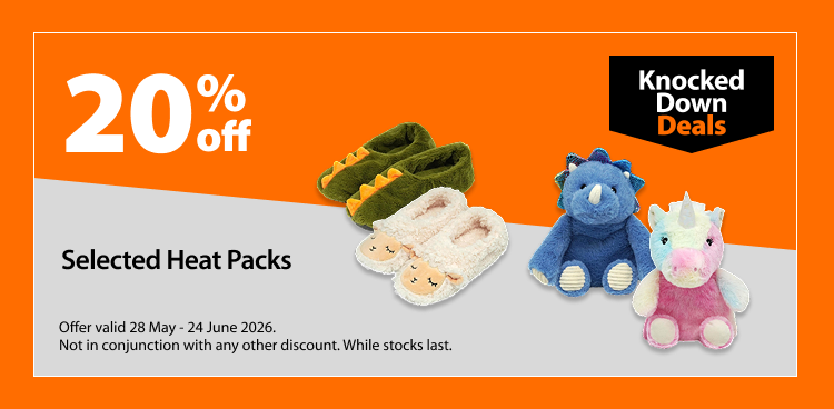 Selected Heat Packs, 20% off. Knocked Down Deals offer valid 28 May - 24 June 2026. Not in conjunction with any other discount. While stocks last.