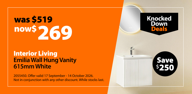 Interior Living Emilia Wall Hung Vanity 615mm White, was $519 now $269. Knocked Down Deals offer valid 17 September - 14 October 2026. Not in conjunction with any other discount. While stocks last.