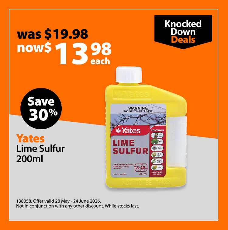 Yates Lime Sulfur 200ml, was $19.98 now $13.98 each, save 30%. Knocked Down Deals offer valid 28 May - 24 June 2026. Not in conjunction with any other discount. While stocks last.