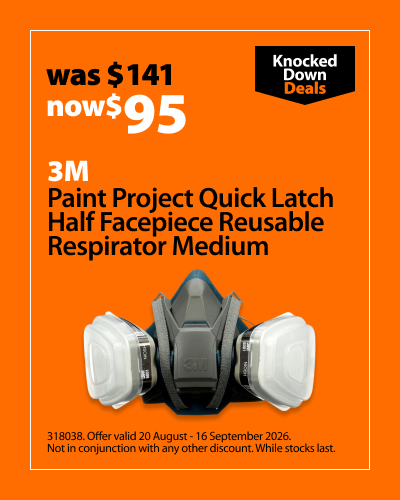 3M Paint Project Quick Latch Half Facepiece Reusable Respirator Medium, was $114 now $95. Offer valid 20 August - 16 September 2026. Not in conjunction with any other discount. While stocks last.