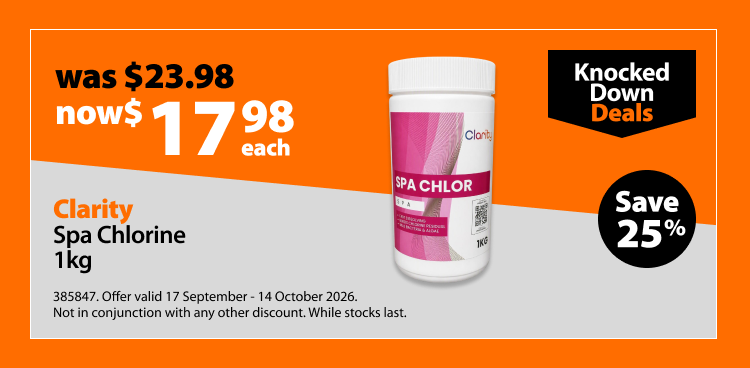 Clarity Spa Chlorine 1kg, was $23.98 now $17.98 each. Knocked Down Deals offer valid 17 September - 14 October 2026. Not in conjunction with any other discount. While stocks last.