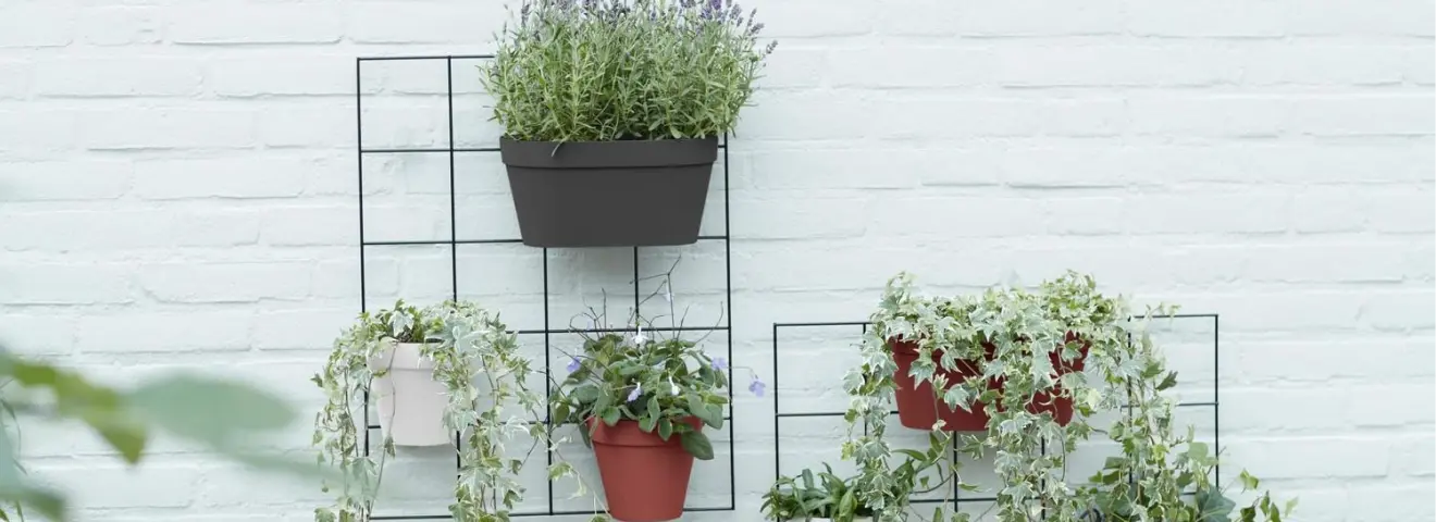 Tiered plant stand with pots of herbs on a balcony