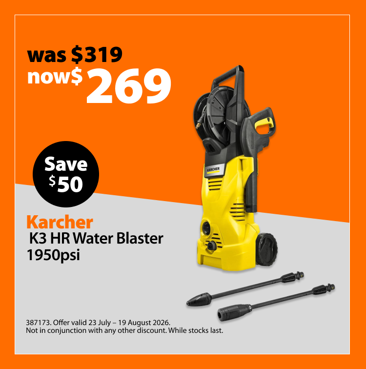 Kärcher K3 HR Water Blaster 1950psi, was $319 now $269, save $50. Offer valid 23 July – 19 August 2026. Not in conjunction with any other discount. While stocks last.
