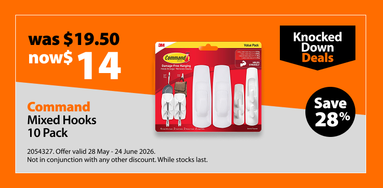 Command Mixed Hooks 10 Pack, was $19.50 now $14, save 28%. Knocked Down Deals offer valid 28 May - 24 June 2026. Not in conjunction with any other discount. While stocks last.