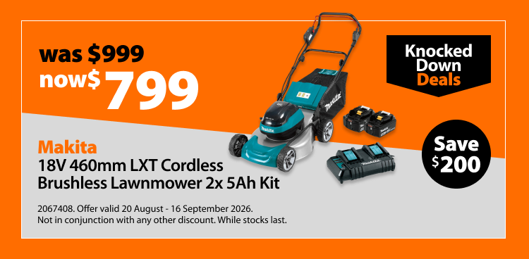 Makita 18V 460mm LXT Cordless Brushless Lawnmower 2x 5Ah Kit, was $999 now $799, save $200. Knocked Down Deals offer valid 20 August - 16 September 2026. Not in conjunction with any other discount. While stocks last.