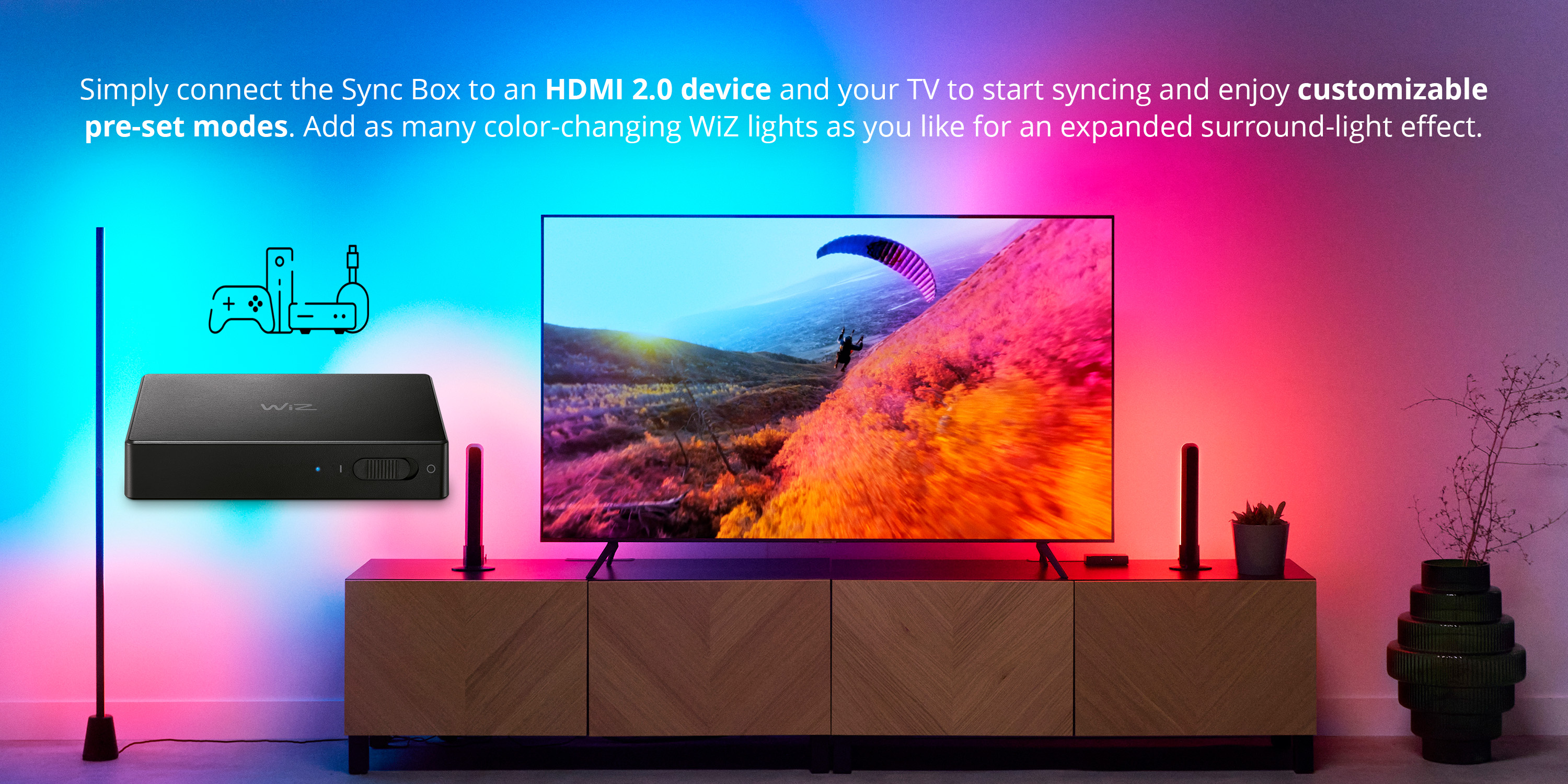 WiZ smart lighting entertainment setup showing full headline and TV backlighting