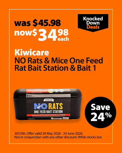 Kiwicare NO Rats & Mice One Feed Rat Bait Station & Bait 1, was $45.98 now $34.98 each, save 24%. Knocked Down Deals offer valid 28 May 2026 - 24 June 2026. Not in conjunction with any other discount. While stocks last.