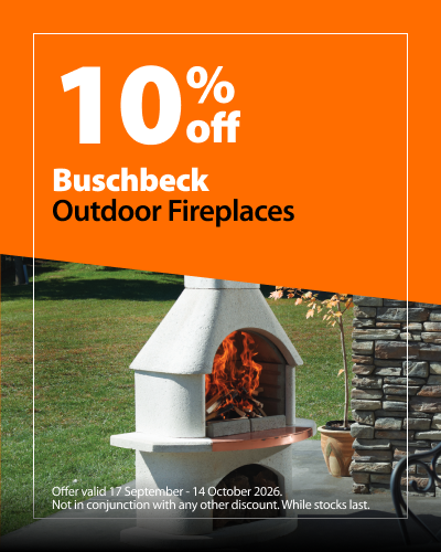 Buschbeck Outdoor Fireplaces, 10% off. Offer valid 17 September - 14 October 2026. Not in conjunction with any other discount. While stocks last.