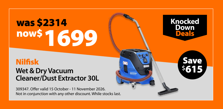 Nilfisk Wet & Dry Vacuum Cleaner/Dust Extractor 30L, was $2314 now $1699. Knocked Down Deals offer valid 15 October - 11 November 2026. Not in conjunction with any other discount. While stocks last.