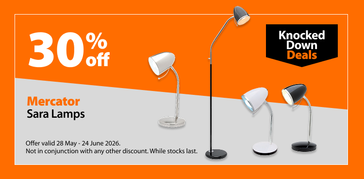 Mercator Sara Lamps, 30% off. Knocked Down Deals offer valid 28 May - 24 June 2026. Not in conjunction with any other discount. While stocks last.