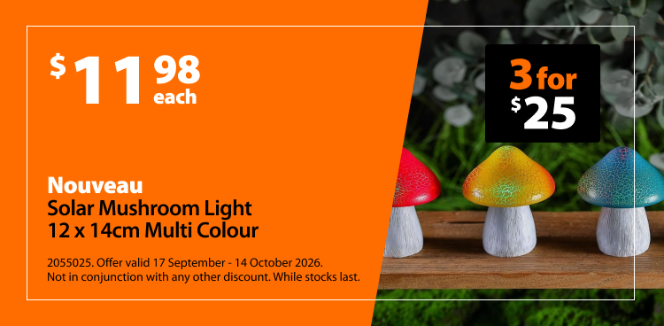 Nouveau Solar Mushroom Light 12 x 14cm Multi Colour, $11.98 each or 3 for $25. Offer valid 17 September - 14 October 2026. Not in conjunction with any other discount. While stocks last.