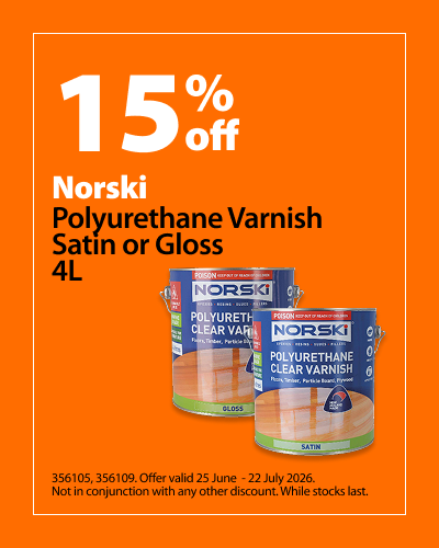 Norski Polyurethane Varnish Satin or Gloss 4L. 15% off offer valid 25 June – 22 July 2026. Not in conjunction with any other discount. While stocks last.
