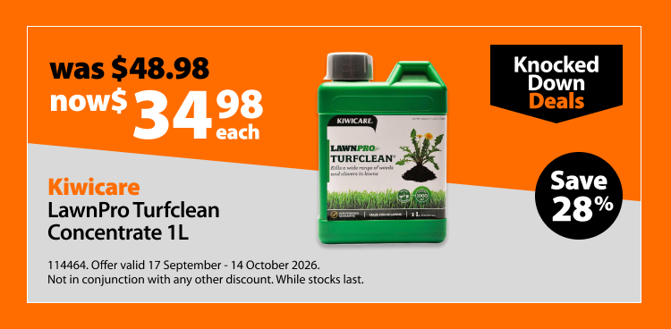 Kiwicare LawnPro Turfclean Concentrate 1L, was $48.98 now $34.98 each. Knocked Down Deals offer valid 17 September - 14 October 2026. Not in conjunction with any other discount. While stocks last.