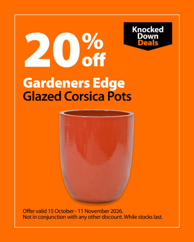 Gardeners Edge Glazed Corsica Pots, was $109 now $87.20 each. Knocked Down Deals offer valid 15 October - 11 November 2026. Not in conjunction with any other discount. While stocks last.