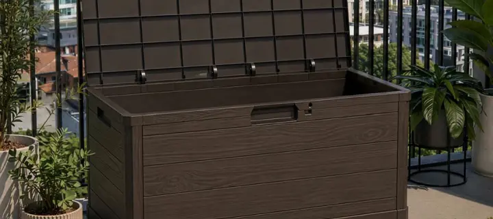 Outdoor cushion storage box on a balcony