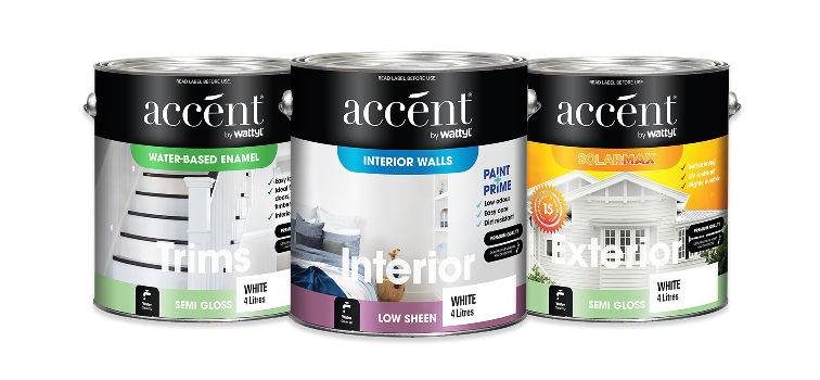 Three Accent paint cans for trims, interior walls and exterior surfaces