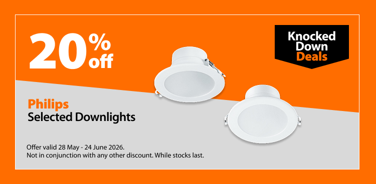 Philips Selected Downlights, 20% off. Knocked Down Deals offer valid 28 May - 24 June 2026. Not in conjunction with any other discount. While stocks last.
