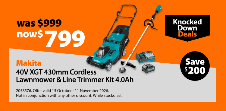 Makita 40V XGT 430mm Cordless Lawnmower & Line Trimmer Kit 4.0Ah, was $999 now $799. Knocked Down Deals offer valid 15 October - 11 November 2026. Not in conjunction with any other discount. While stocks last.