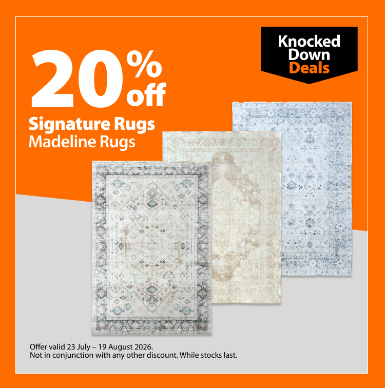 Signature Rugs Madeline Rugs, 20% off. Knocked Down Deals offer valid 23 July – 19 August 2026. Not in conjunction with any other discount. While stocks last.