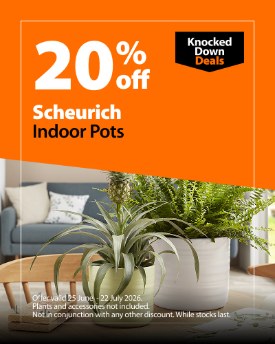 Scheurich Indoor Pots. 20% off Knocked Down Deals offer valid 25 June – 22 July 2026. Plants and accessories not included. Not in conjunction with any other discount. While stocks last.