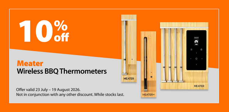 Meater Wireless BBQ Thermometers, 10% off. Offer valid 23 July – 19 August 2026. Not in conjunction with any other discount. While stocks last.