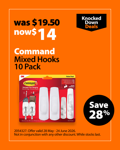 Command Mixed Hooks 10 Pack, was $19.50 now $14, save 28%. Knocked Down Deals offer valid 28 May - 24 June 2026. Not in conjunction with any other discount. While stocks last.