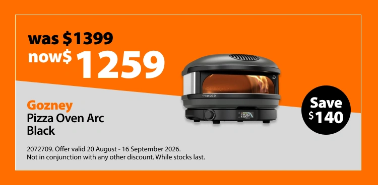 Gozney Pizza Oven Arc Black, was $1399 now $1259, save $140. Offer valid 20 August - 16 September 2026. Not in conjunction with any other discount. While stocks last.
