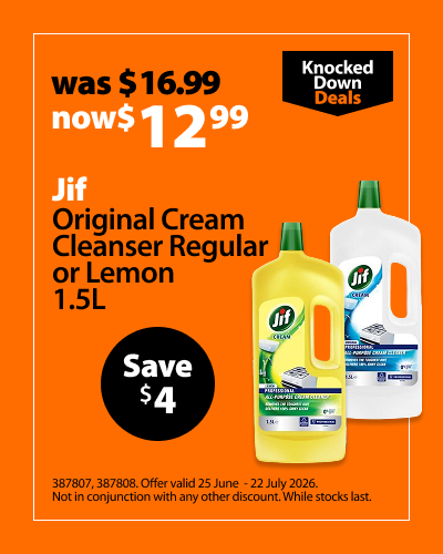 Jif Original Cream Cleanser Regular or Lemon 1.5L, was $16.99 now $12.99, save $4. Knocked Down Deals offer valid 25 June – 22 July 2026. Not in conjunction with any other discount. While stocks last.