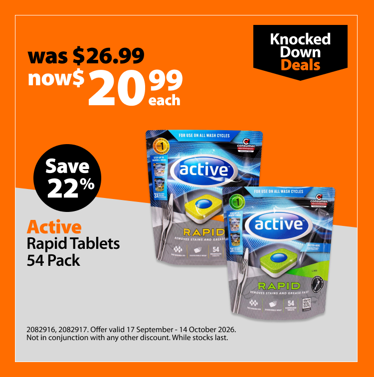Active Rapid Tablets 54 Pack, was $26.99 now $20.99 each. Knocked Down Deals offer valid 17 September - 14 October 2026. Not in conjunction with any other discount. While stocks last.
