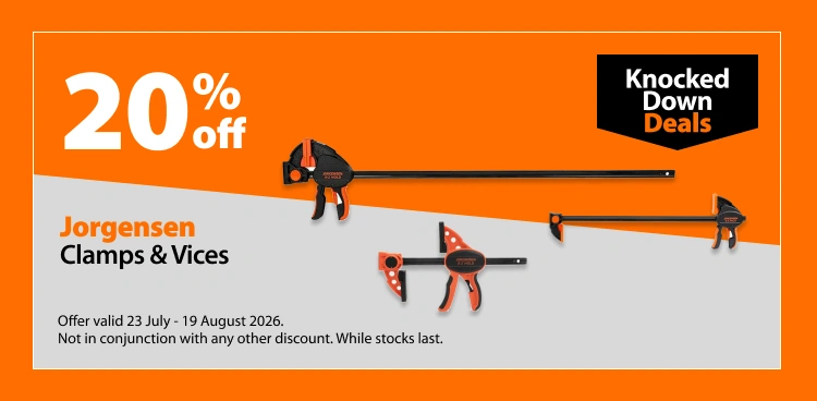 Jorgensen Clamps & Vices, 20% off. Knocked Down Deals offer valid 23 July - 19 August 2026. Not in conjunction with any other discount. While stocks last.