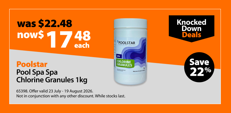 Poolstar Pool Spa Chlorine Granules 1kg, was $22.48 now $17.48 each, save 22%. Knocked Down Deals offer valid 23 July - 19 August 2026. Not in conjunction with any other discount. While stocks last.