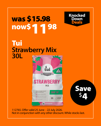 Tui Strawberry Mix 30L, was $15.98 now $11.98, save $4. Knocked Down Deals offer valid 25 June – 22 July 2026. Not in conjunction with any other discount. While stocks last.