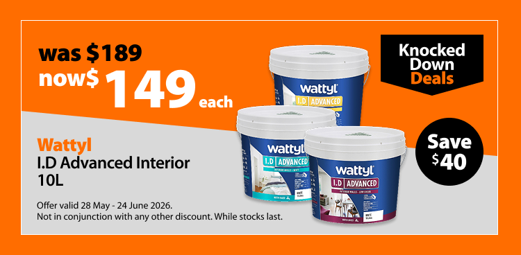 Wattyl I.D Advanced Interior 10L, was $189 now $149 each, save $40. Knocked Down Deals offer valid 28 May - 24 June 2026. Not in conjunction with any other discount. While stocks last.