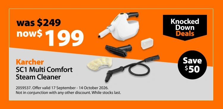Karcher SC1 Multi Comfort Steam Cleaner, was $249 now $199. Knocked Down Deals offer valid 17 September - 14 October 2026. Not in conjunction with any other discount. While stocks last.