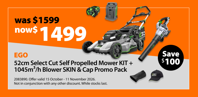 EGO 52cm Select Cut Self Propelled Mower Kit + 1045m³/h Blower Skin & Cap Promo Pack, was $1599 now $1499. Offer valid 15 October - 11 November 2026. Not in conjunction with any other discount. While stocks last.