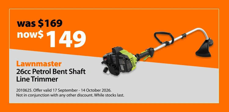 Lawnmaster 26cc Petrol Bent Shaft Line Trimmer, was $169 now $149. Offer valid 17 September - 14 October 2026. Not in conjunction with any other discount. While stocks last.