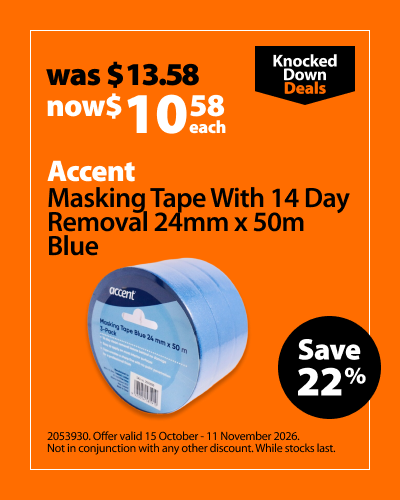 Accent Masking Tape With 14 Day Removal 24mm x 50m Blue, was $13.58 now $10.58 each. Knocked Down Deals offer valid 15 October - 11 November 2026. Not in conjunction with any other discount. While stocks last.