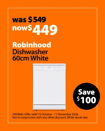 Robinhood Dishwasher 60cm White, was $549 now $449. Offer valid 15 October - 11 November 2026. Not in conjunction with any other discount. While stocks last.