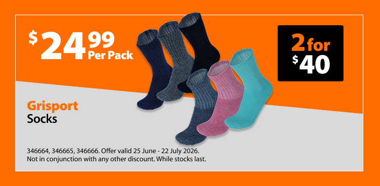 Grisport Socks, $24.99 per pack or 2 for $40. Offer valid 25 June – 22 July 2026. Not in conjunction with any other discount. While stocks last.