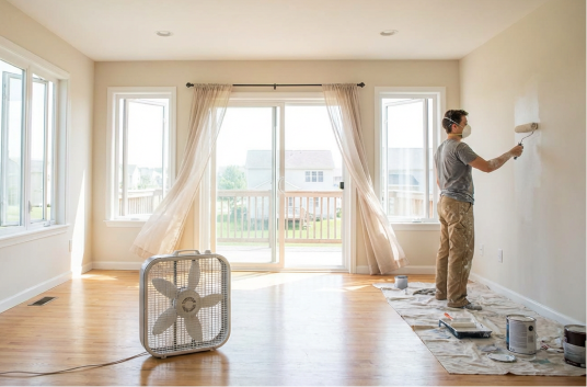 Windows open and fan in the room while painting