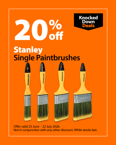 Stanley Single Paintbrushes. 20% off Knocked Down Deals offer valid 25 June – 22 July 2026. Not in conjunction with any other discount. While stocks last.
