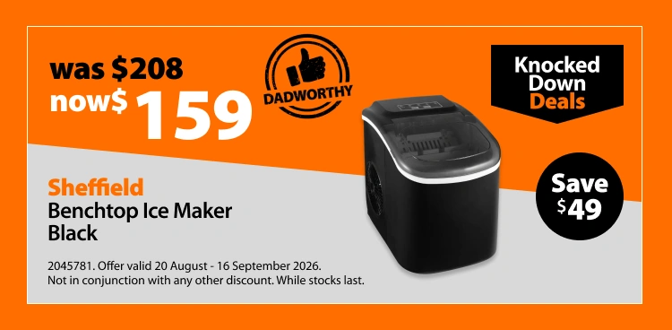 Sheffield Benchtop Ice Maker Black, was $208 now $159, save $49. Knocked Down Deals offer valid 20 August - 16 September 2026. Not in conjunction with any other discount. While stocks last.